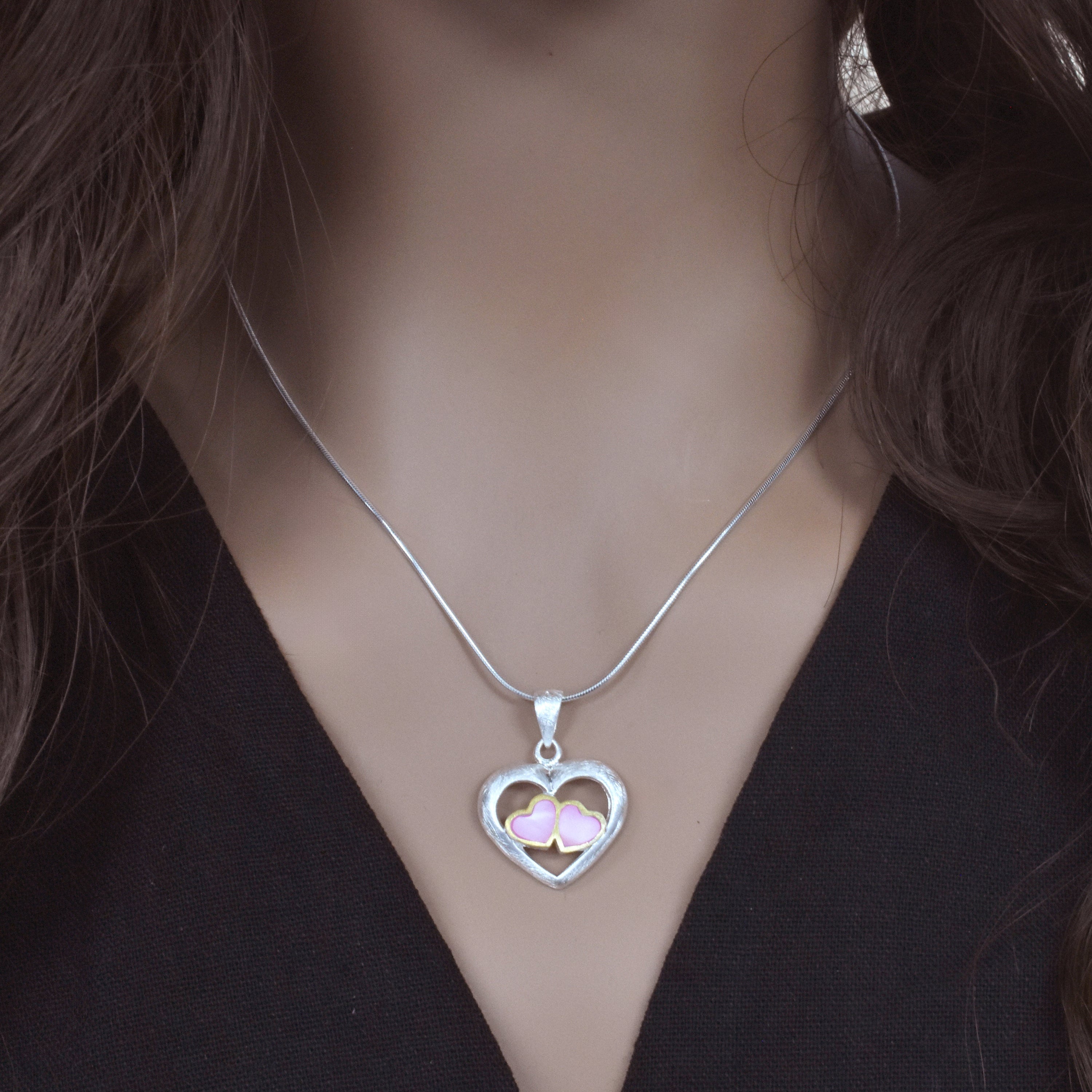 Clearance-Sterling Silver 2 Tone Pink Mother of Pearl Triple Heart Pendant - SPP00044