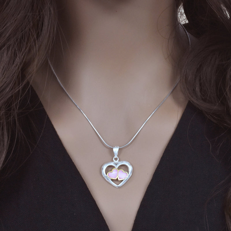 Clearance-Sterling Silver 2 Tone Pink Mother of Pearl Triple Heart Pendant - SPP00044