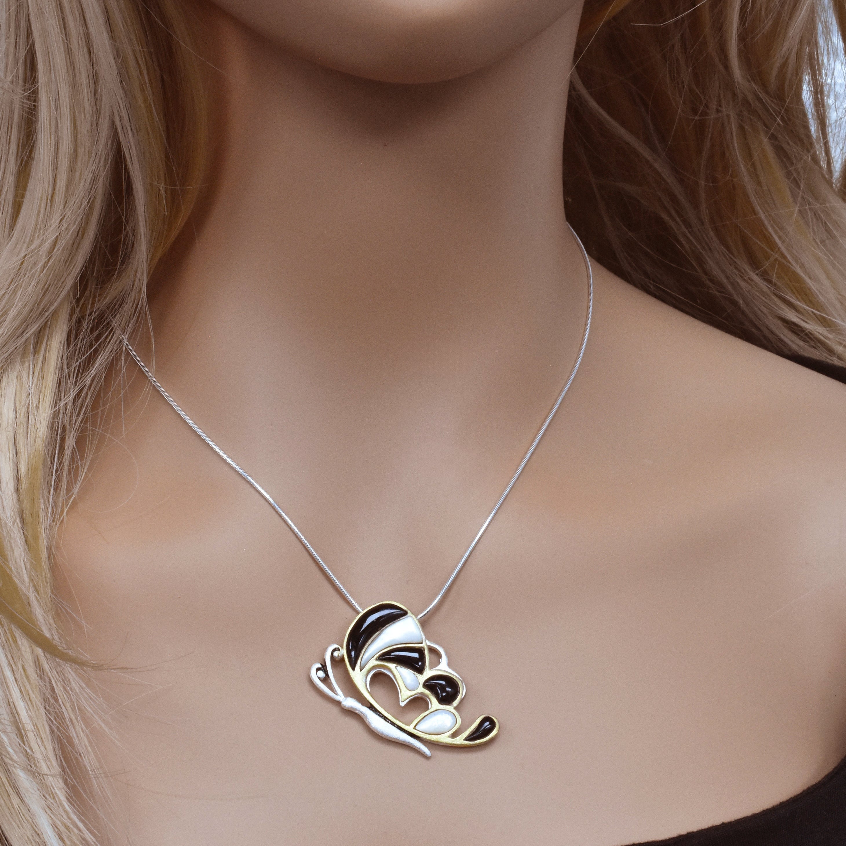 Clearance-Sterling Silver Tri Tone Onyx &  Mother of Pearl Butterfly Pendant - SPP00045