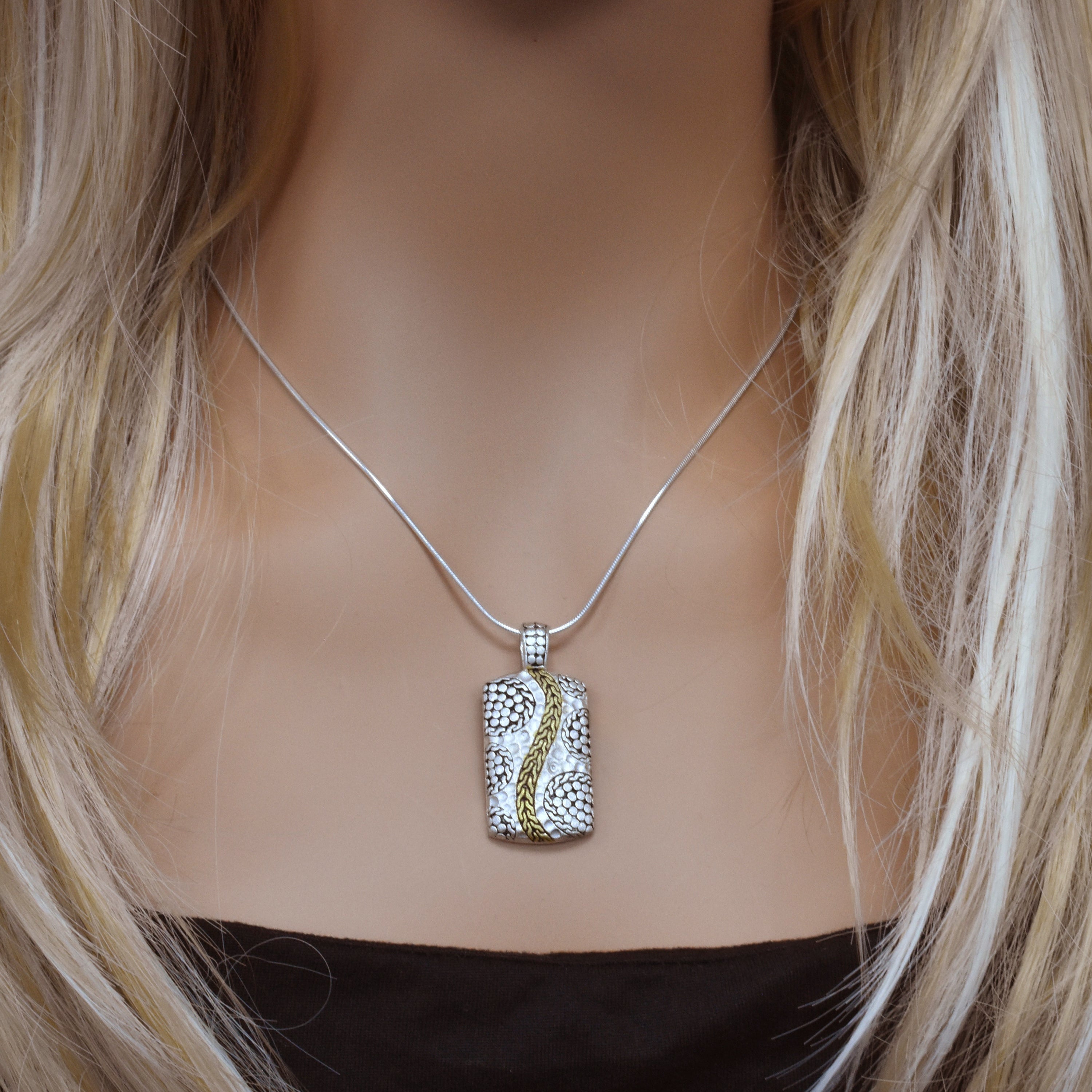 Clearance-Sterling Silver Tri Tone Beaded Dog Tag Pendant - SPP00047