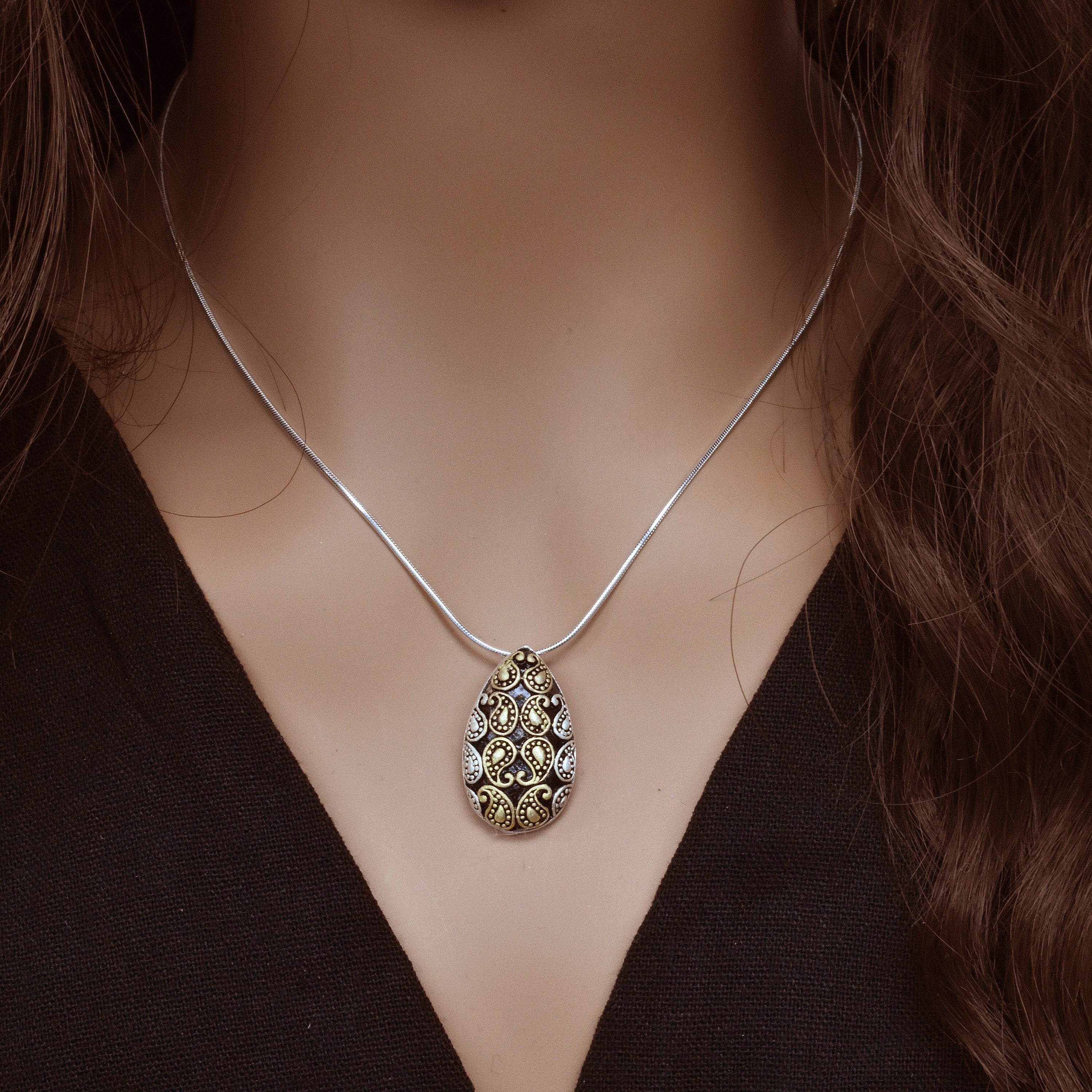 Clearance-Sterling Silver Three-Tone PaisleyTeardrop Pendant - SPP00051