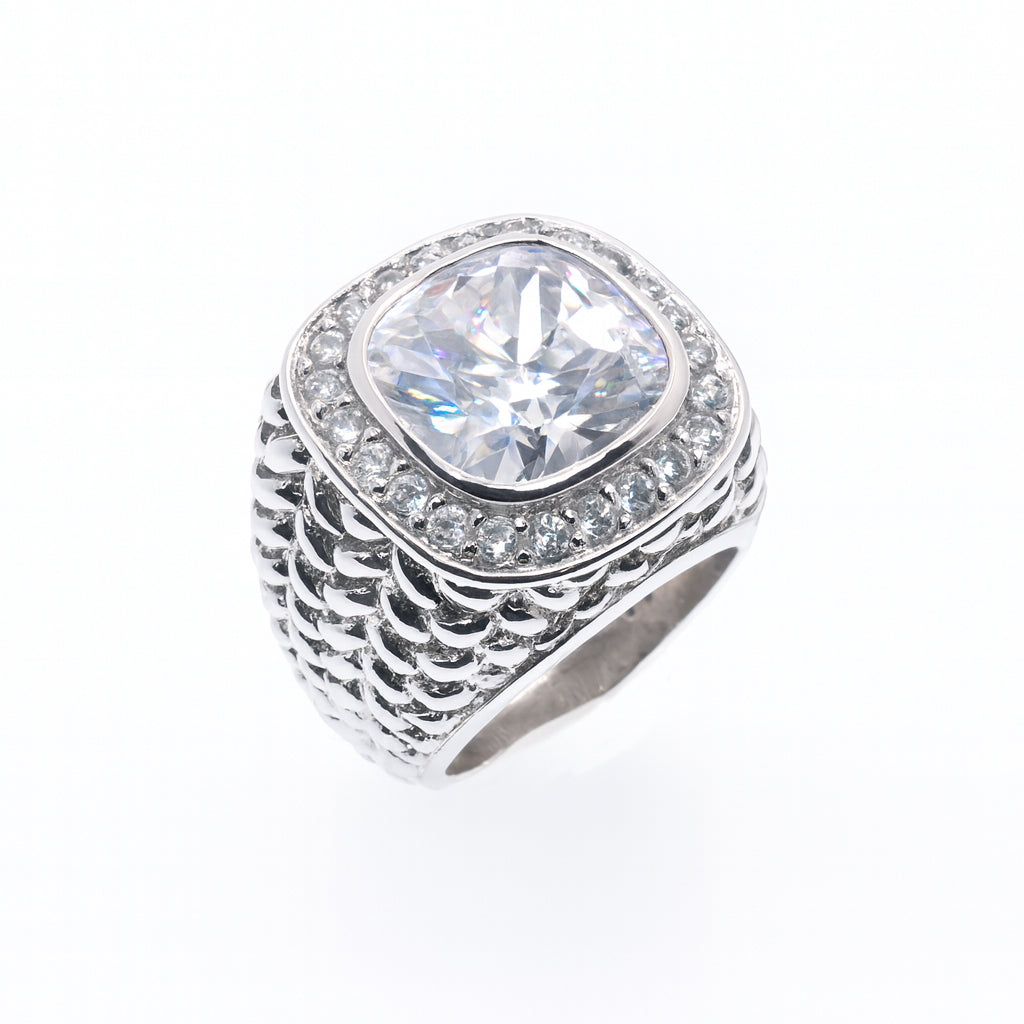 Rhodium Plated 925 Sterling Silver CZ Bulky Weaved Ring - SPR00015