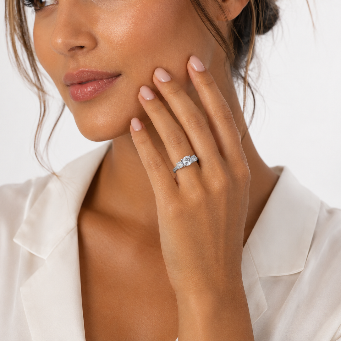 Final Price-Rhodium Plated 925 Sterling Silver Past, Present and Future CZ Bridal Engagement Ring - SPR00022