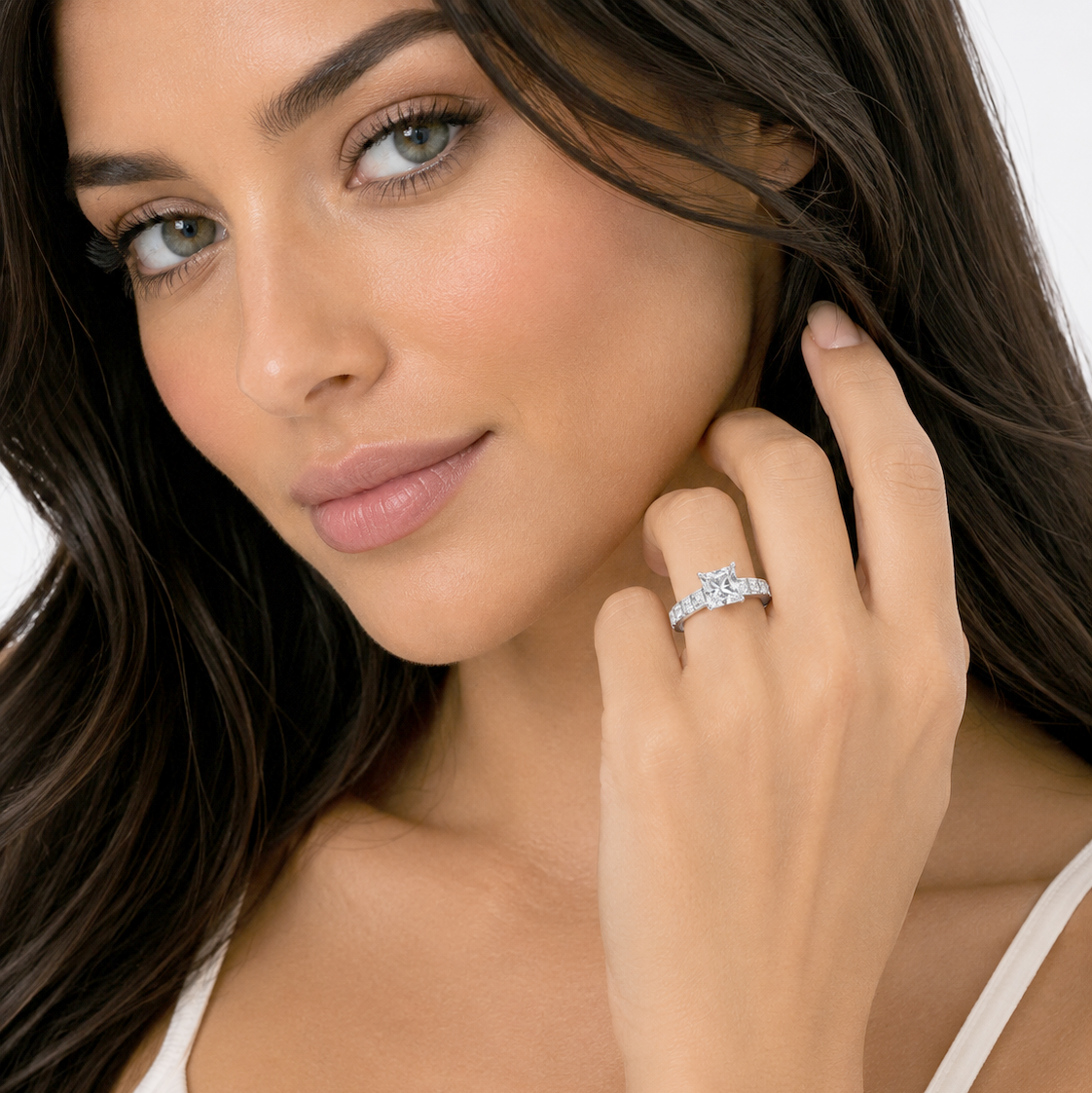 Final Price-Rhodium Plated 925 Sterling Silver Large Princess Cut CZ with Accent Stones Bridal Engagement- SPR00026