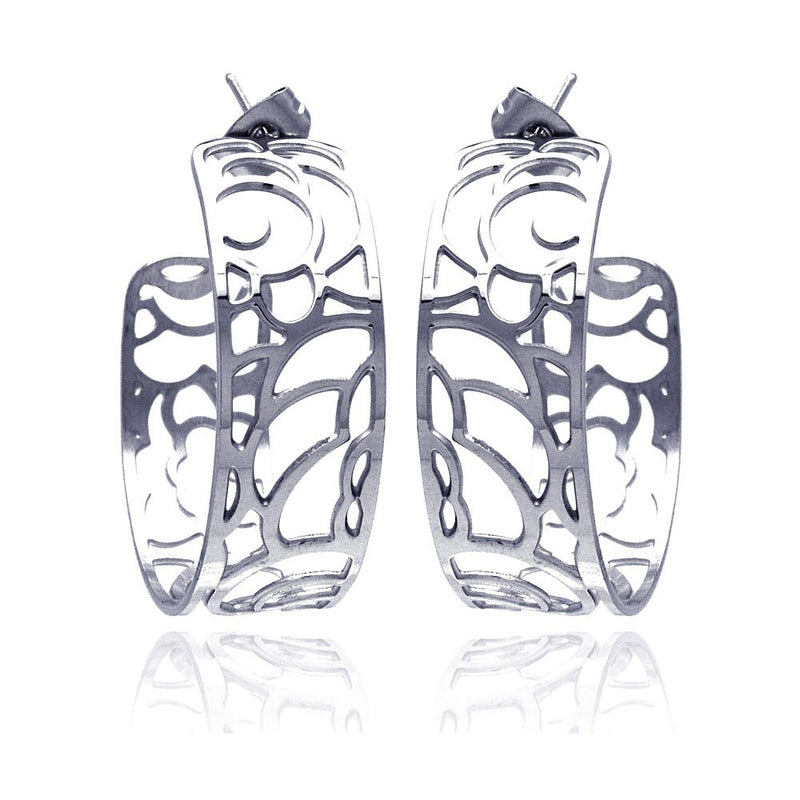 Pendientes de aro de acero inoxidable rodiado con forma de ola - SSE00010