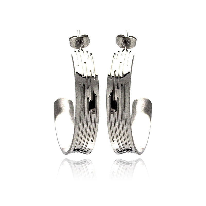 Pendientes de aro de acero inoxidable rodiado con múltiples líneas - SSE00038