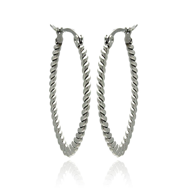 Rhodium Plated Stainless Steel Flat Oval Rope Hoop Earrings - SSE0003-30