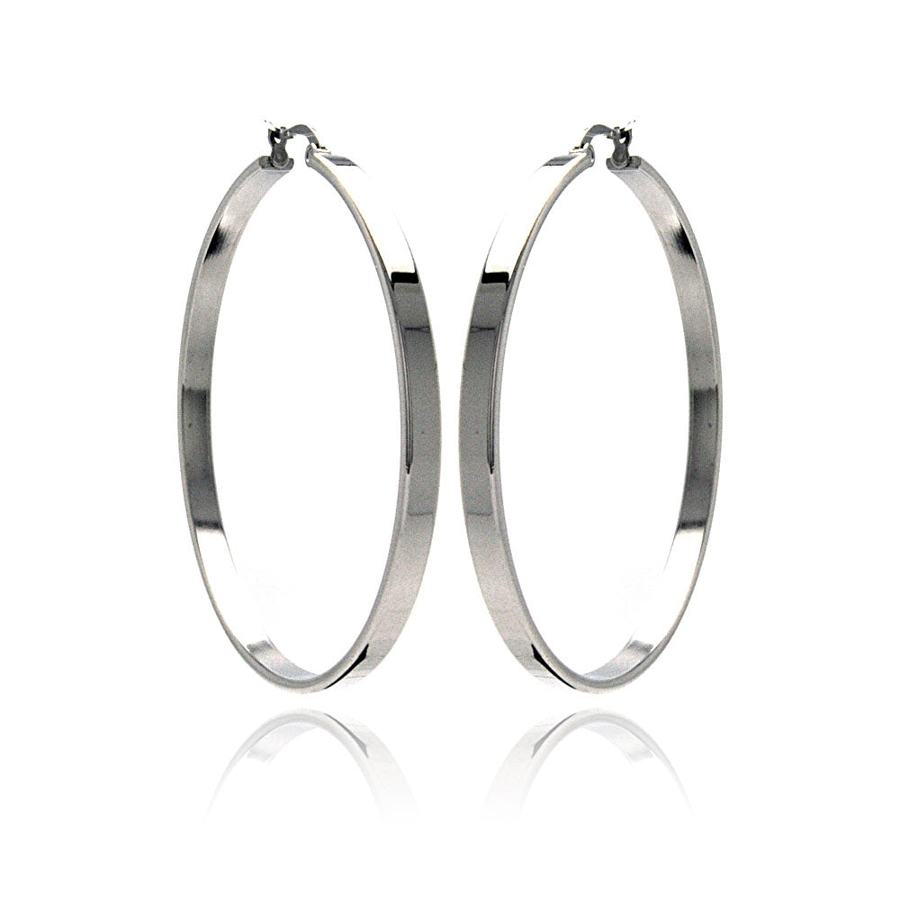 Rhodium Plated Stainless Steel Plain Flat Hoop Earrings - SSE00043