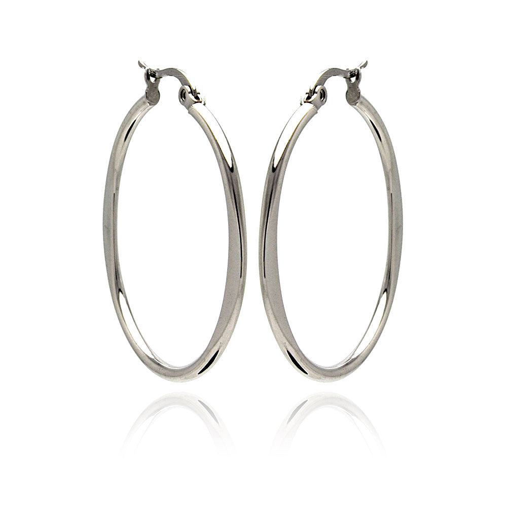 Rhodium Plated Stainless Steel Plain Flat Hoop Earrings - SSE00044