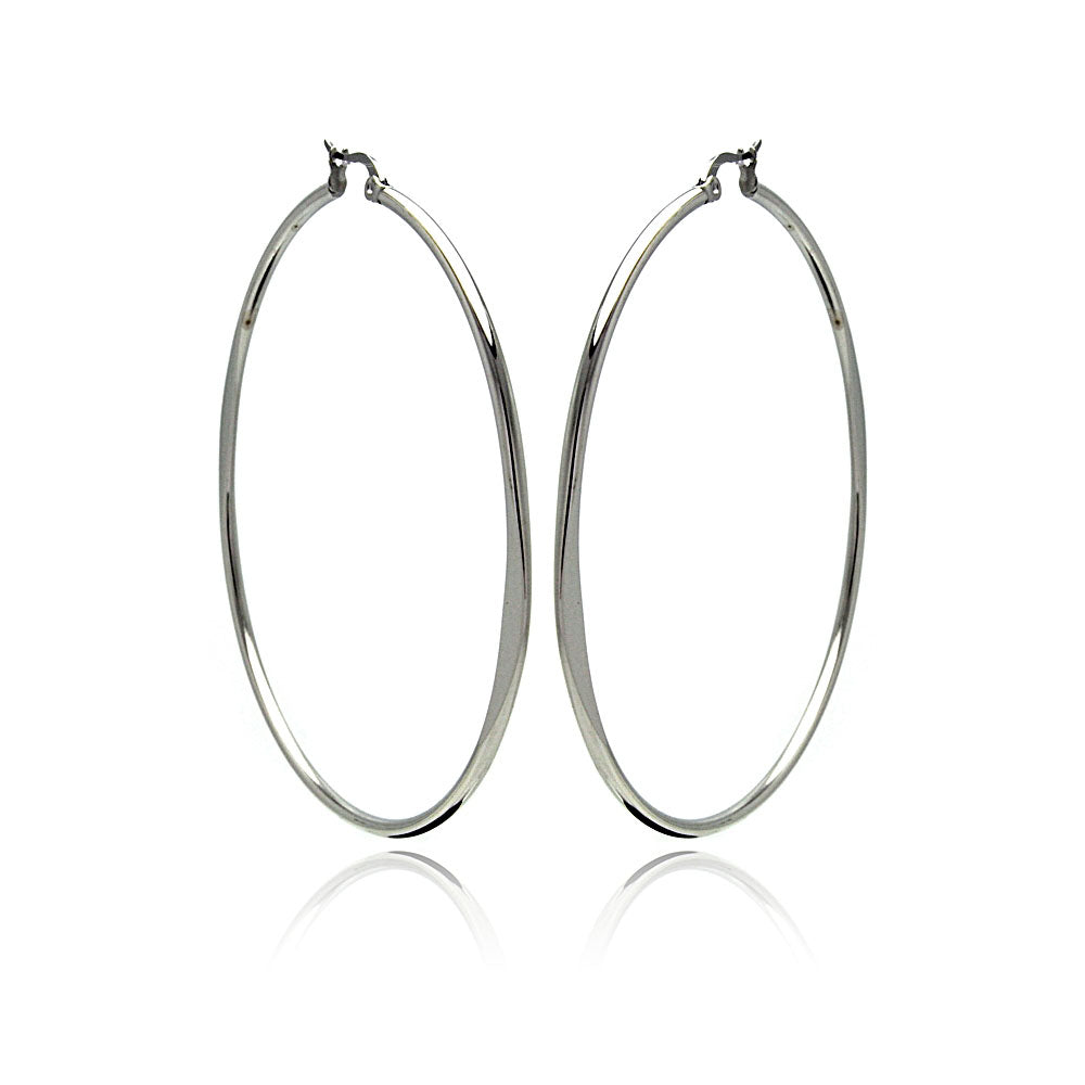 Rhodium Plated Stainless Steel Plain Flat Hoop Earrings - SSE00044