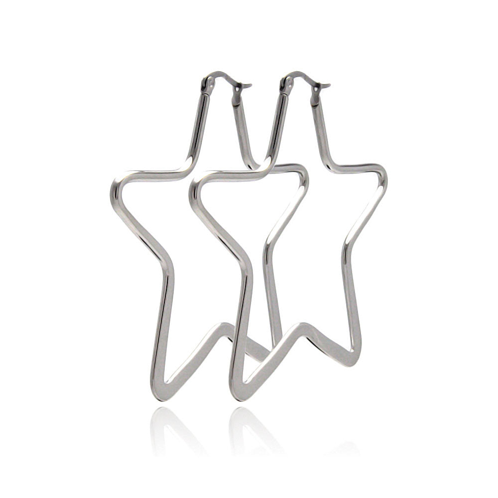 Rhodium Plated Stainless Steel Star Hoop Earrings - SSE00050