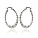 Rhodium Plated Stainless Steel Flat Braid Hoop Earrings - SSE00052