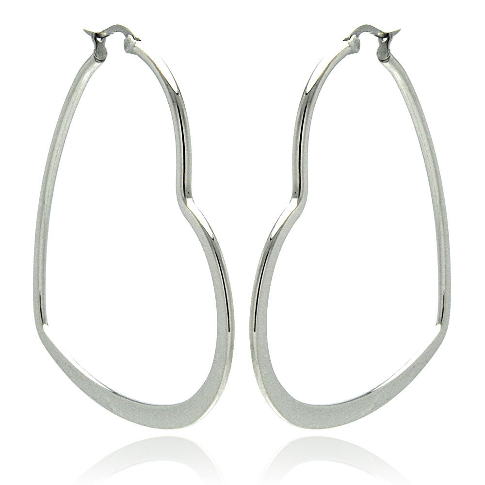 Rhodium Plated Stainless Steel Flat Heart Hoop Earrings - SSE00055