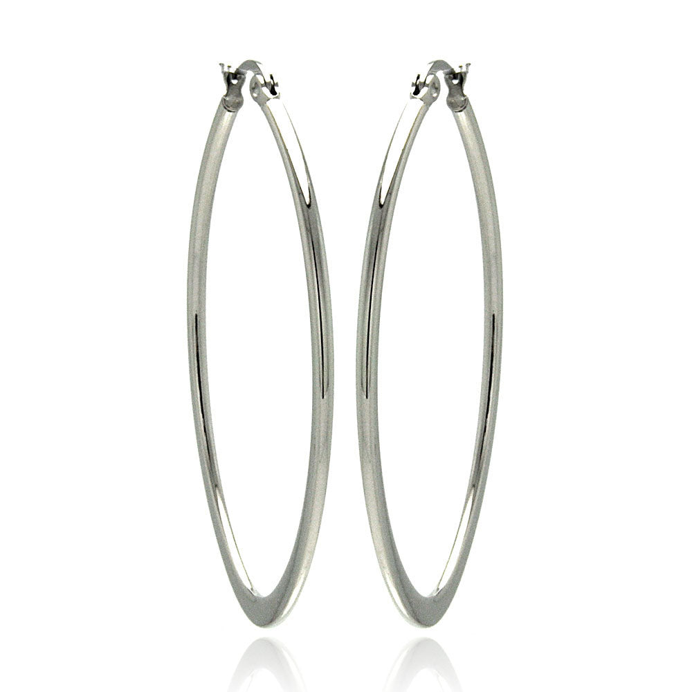 Rhodium Plated Stainless Steel Flat Oval Hoop Earrings - SSE00056