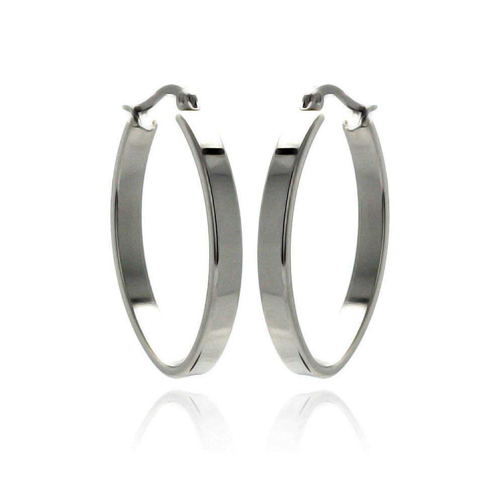 Rhodium Plated Stainless Steel Flat Oval Hoop Earrings - SSE00061