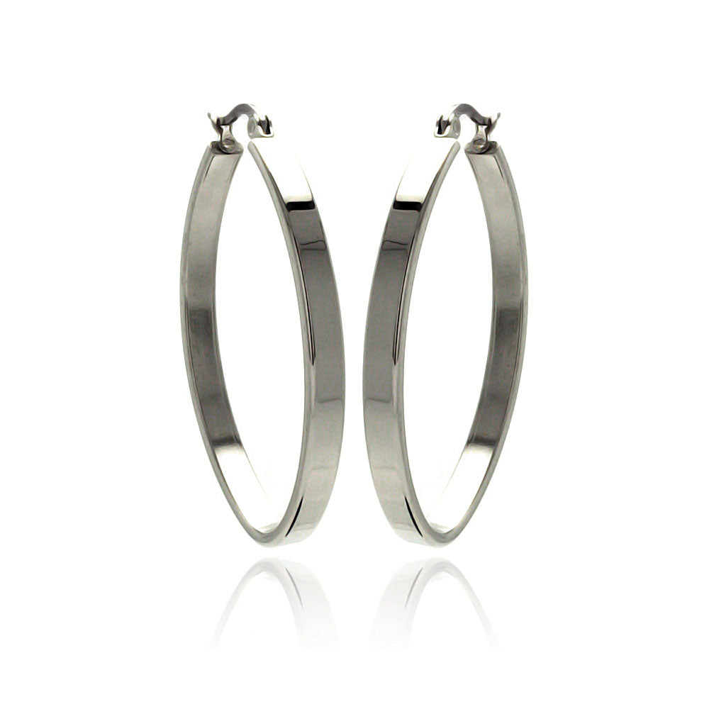 Rhodium Plated Stainless Steel Flat Oval Hoop Earrings - SSE00061