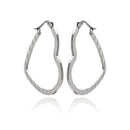 Rhodium Plated Stainless Steel Rectangle Crinkle Heart Hoop Earrings - SSE00067