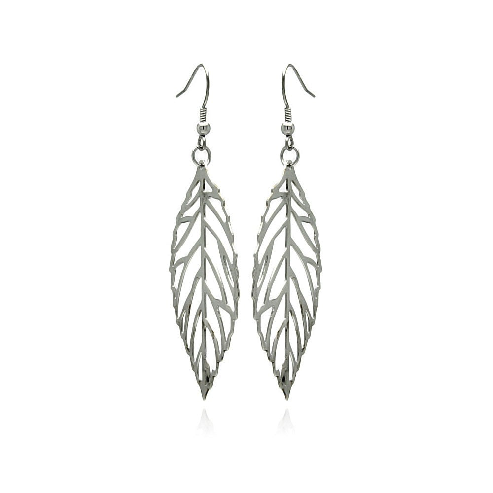 Rhodium Plated Stainless Steel Leaf Cut Out Dangle Earrings - SSE00092