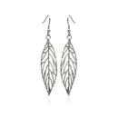 Rhodium Plated Stainless Steel Leaf Cut Out Dangle Earrings - SSE00092