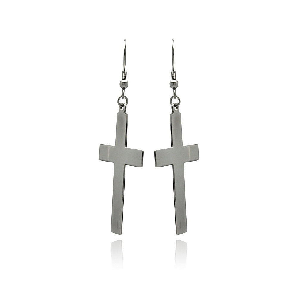 Rhodium Plated Stainless Steel Cross Dangle Earrings - SSE00099