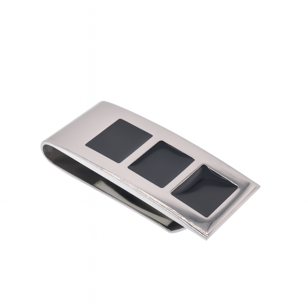 Clip para billetes de acero inoxidable rodiado con tres cuadrados de esmalte negro de 22 mm x 48 mm - SSM00003