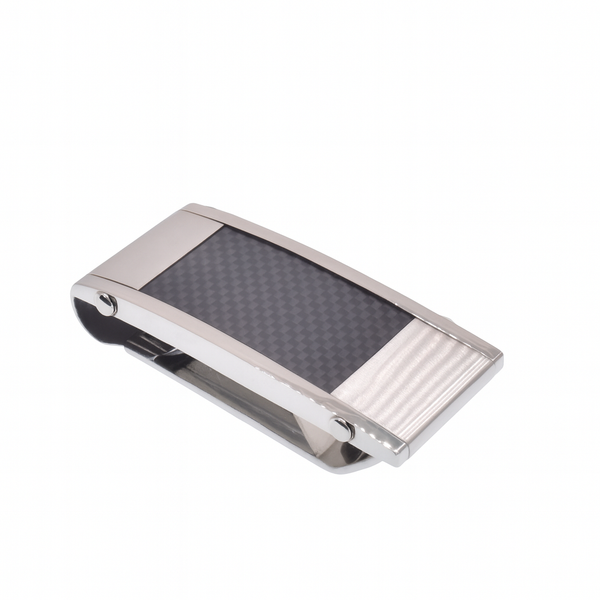 Pinza para billetes de acero inoxidable rodiado con incrustaciones de fibra de carbono de 19,5 mm x 52 mm - SSM00017