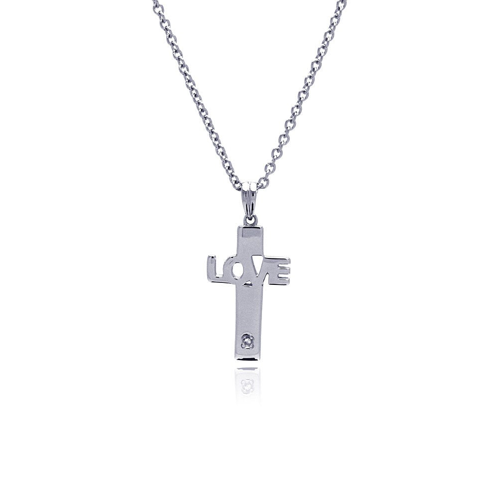 Rhodium Plated Stainless Love Cross Necklace - SSN00022