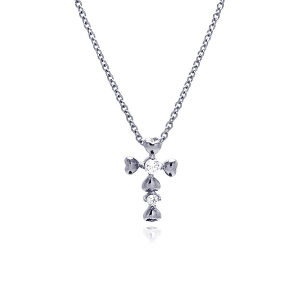 Rhodium Plated Stainless CZ Heart Cross Pendant Necklace - SSN00029