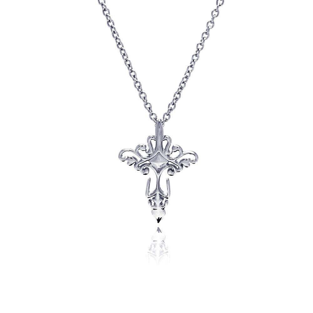Rhodium Plated Stainless  Filigree Cross Pendant Necklace - SSN00033