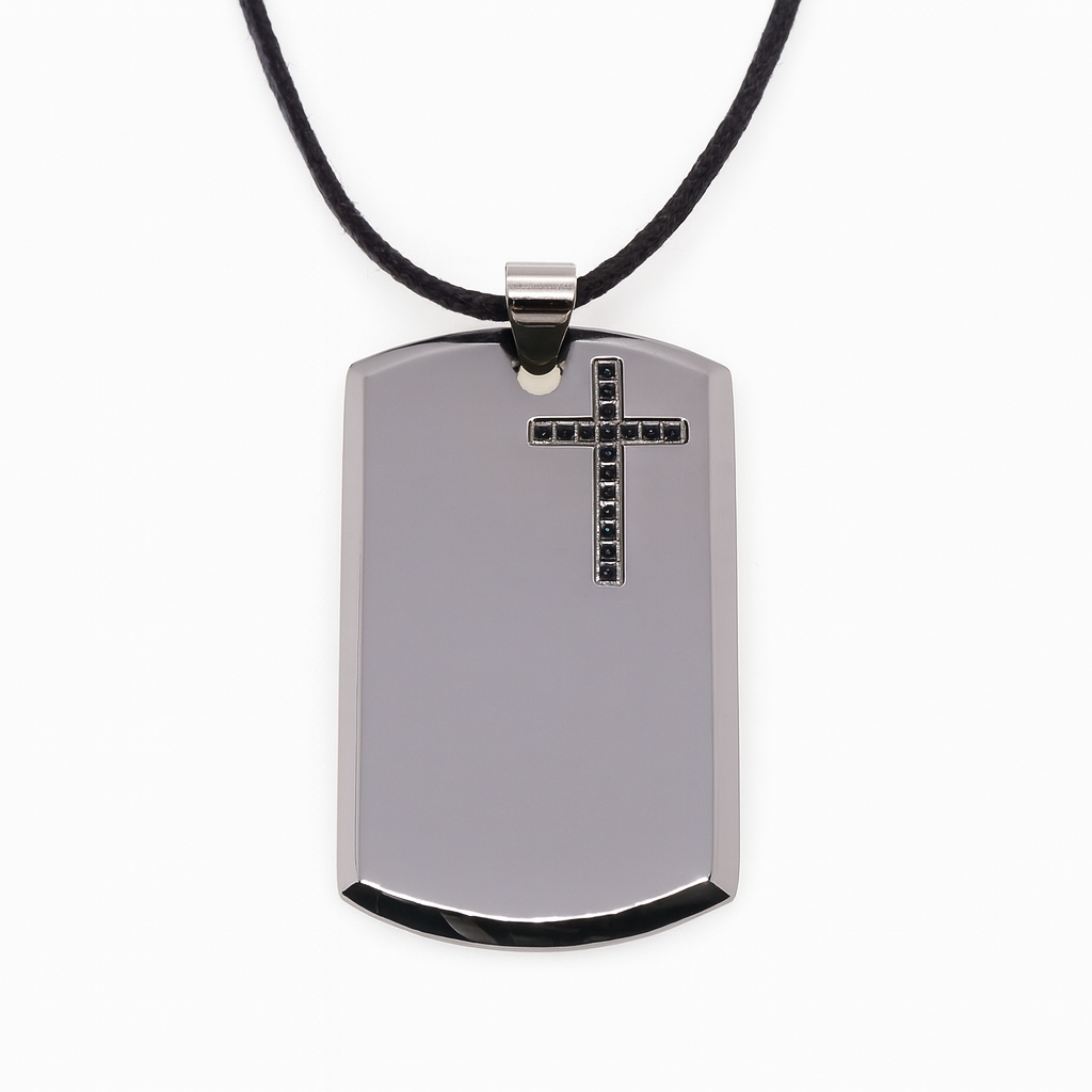 Rhodium Plated Stainless Black CZ Cross Dog Tag Pendant Necklace