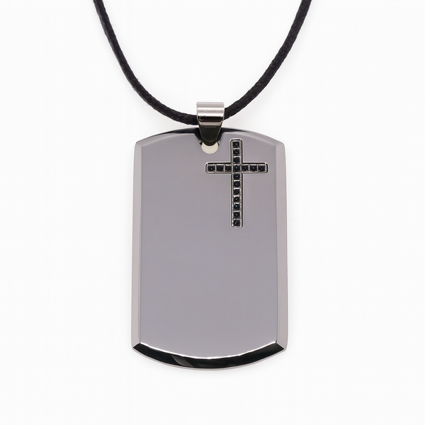 Rhodium Plated Stainless Black CZ Cross Dog Tag Pendant Necklace