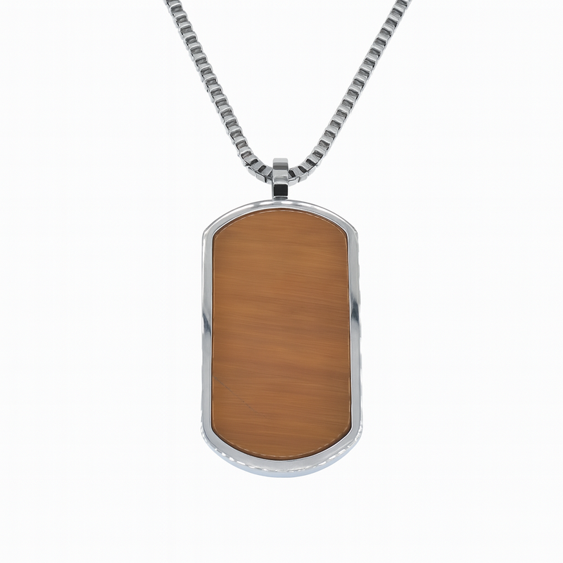 Collar con colgante de placa de identificación de ojo de tigre de acero inoxidable rodiado - SSN00048