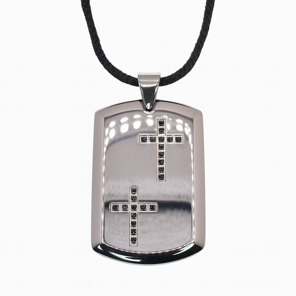 Collar con colgante de placa de identificación con cruz de doble circonita negra y baño de rodio - SSN00049