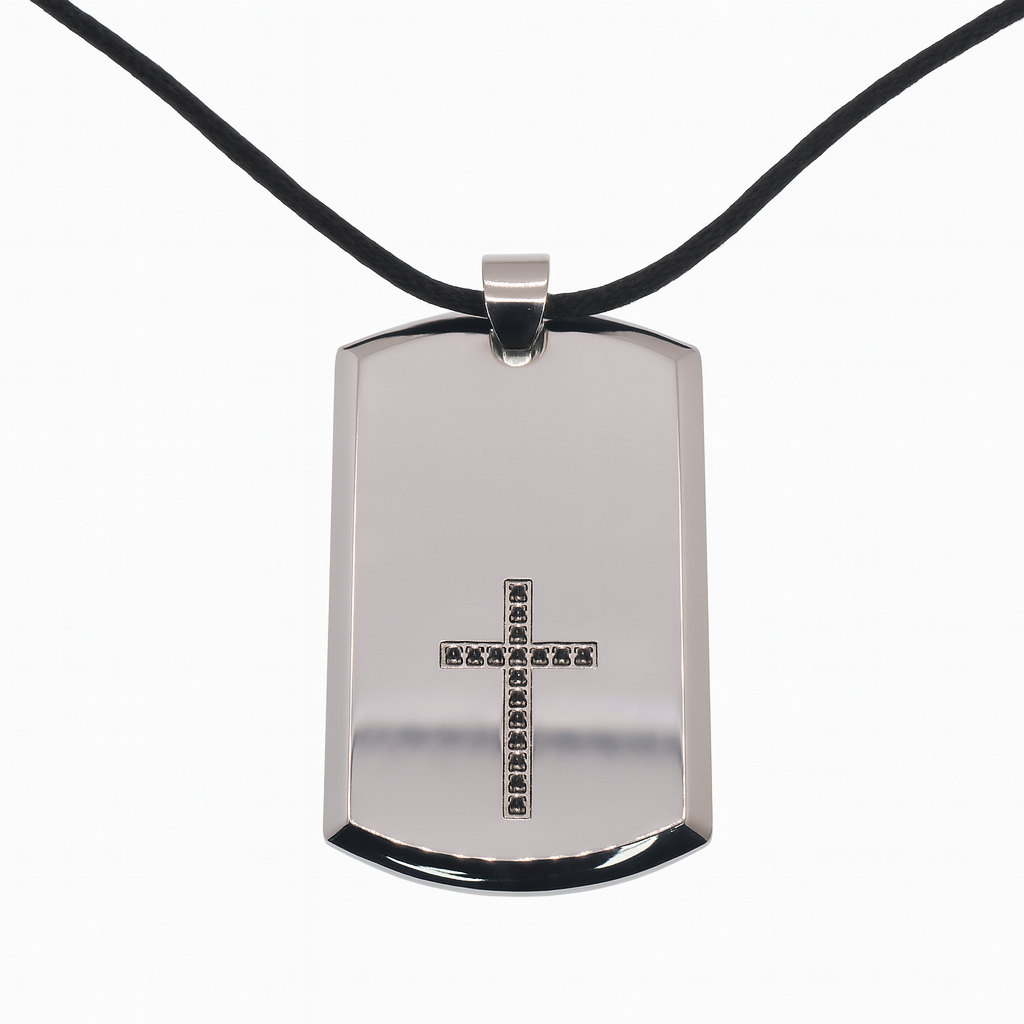 Rhodium Plated Stainless Black CZ Cross Dog Tag Pendant Necklace