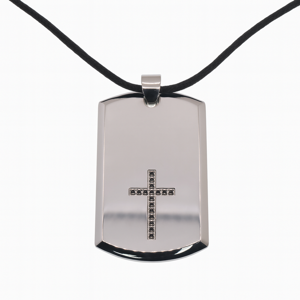 Rhodium Plated Stainless Black CZ Cross Dog Tag Pendant Necklace