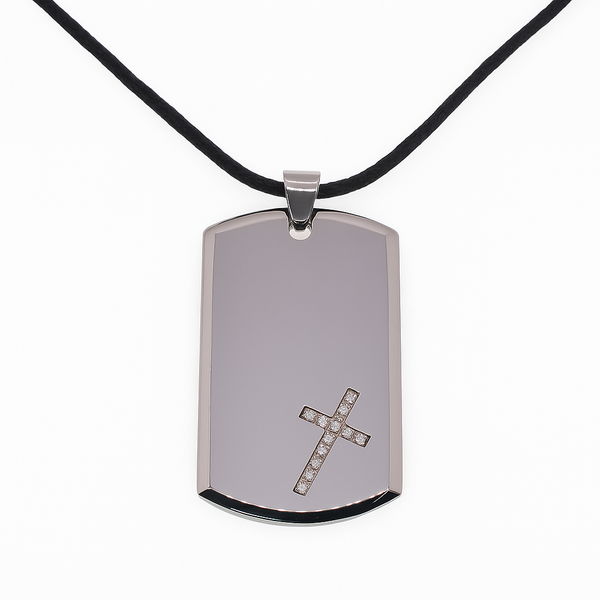 Collar con colgante de placa de identificación con cruz de circonitas negras, chapado en rodio, de acero inoxidable - SSN00051