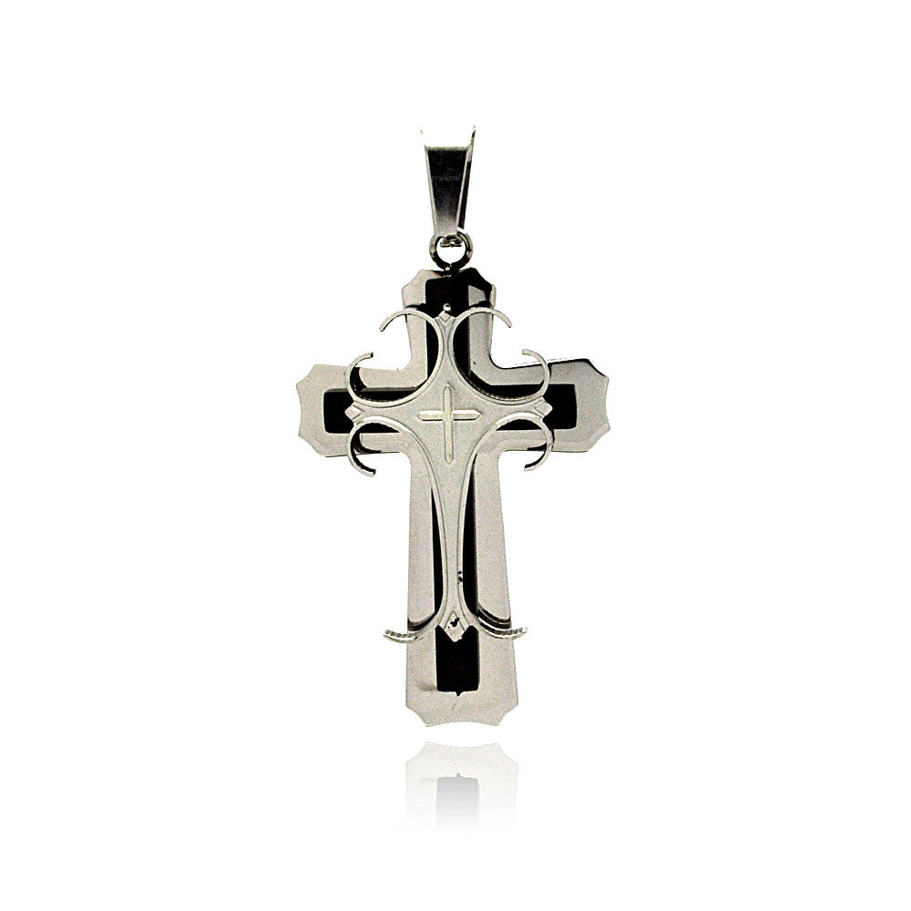 Black & Rhodium Plated Stainless Steel Layered Cross Pendant - SSP00172