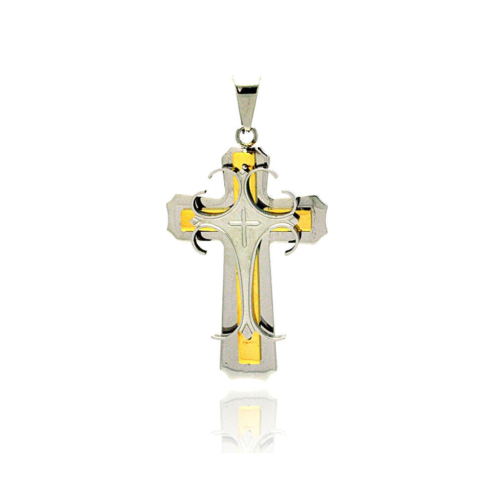 Gold & Rhodium Plated Stainless Steel Layered Embellished Cross Pendant - SSP00179