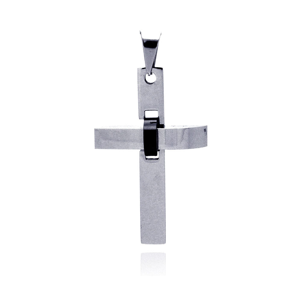 Rhodium Plated Stainless Steel & Black Bound Cross Pendant - SSP00186