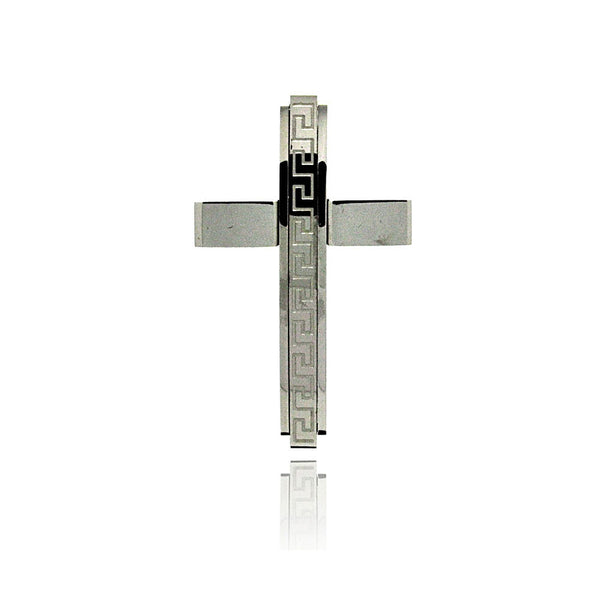 Rhodium Plated Stainless Steel Greek Key Cross Pendant - SSP00189