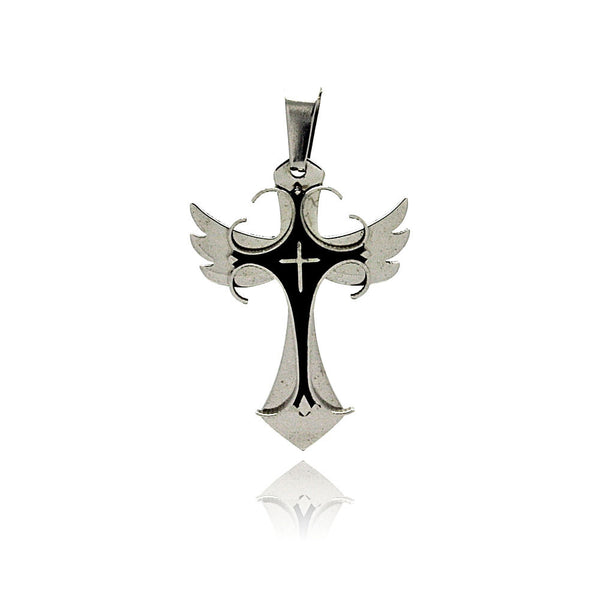 Rhodium Plated Stainless Steel Winged Black Inlay Cross Pendant - SSP00192