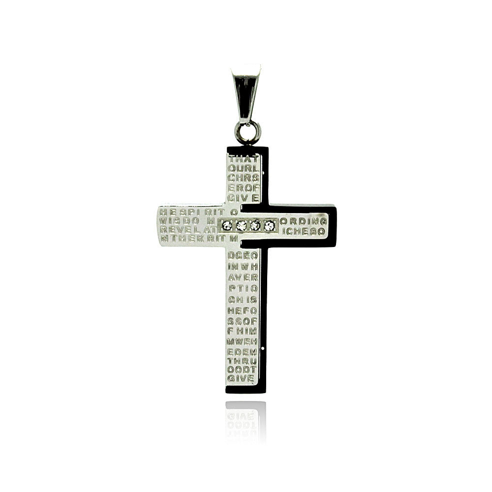Black & Rhodium Plated Stainless Steel CZ Lord's Prayer Cross Pendant - SSP00196