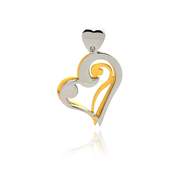 Colgante de corazón curvo de acero inoxidable chapado en oro y rodio - SSP00208