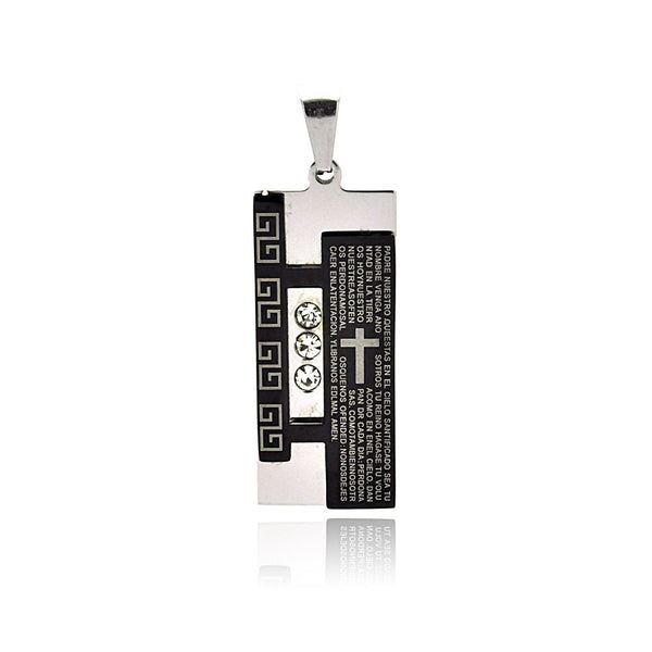 Colgante de placa de identificación con oración del Padre Nuestro en acero inoxidable chapado en rodio y circonitas griegas - SSP00209