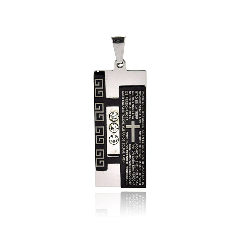Colgante de placa de identificación con oración del Padre Nuestro en acero inoxidable chapado en rodio y circonitas griegas - SSP00209