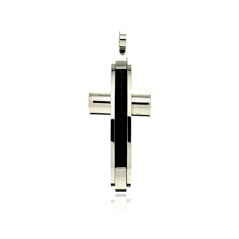 Colgante de cruz de cable negro de acero inoxidable rodiado - SSP00210
