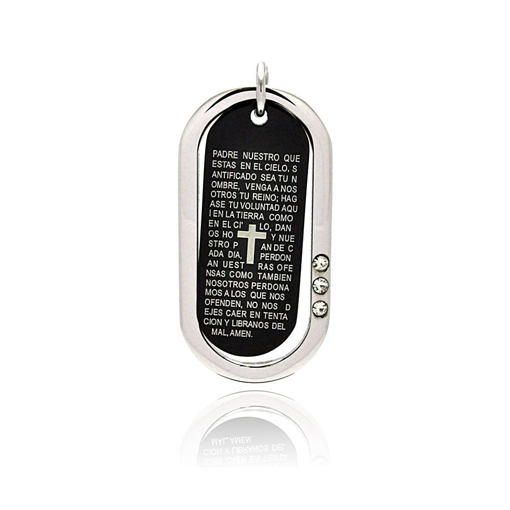 Black & Rhodium Plated Stainless Steel Spanish Our Father CZ Dog Tag Pendant - SSP00212