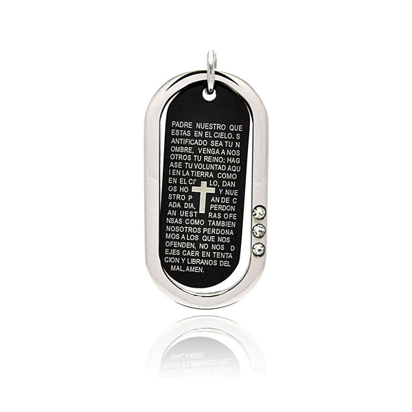 Colgante de placa de identificación con circonitas cúbicas y Padre Nuestro español de acero inoxidable con baño de rodio negro - SSP00212