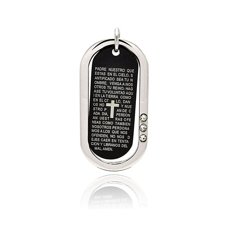 Colgante de placa de identificación con circonitas cúbicas y Padre Nuestro español de acero inoxidable con baño de rodio negro - SSP00212