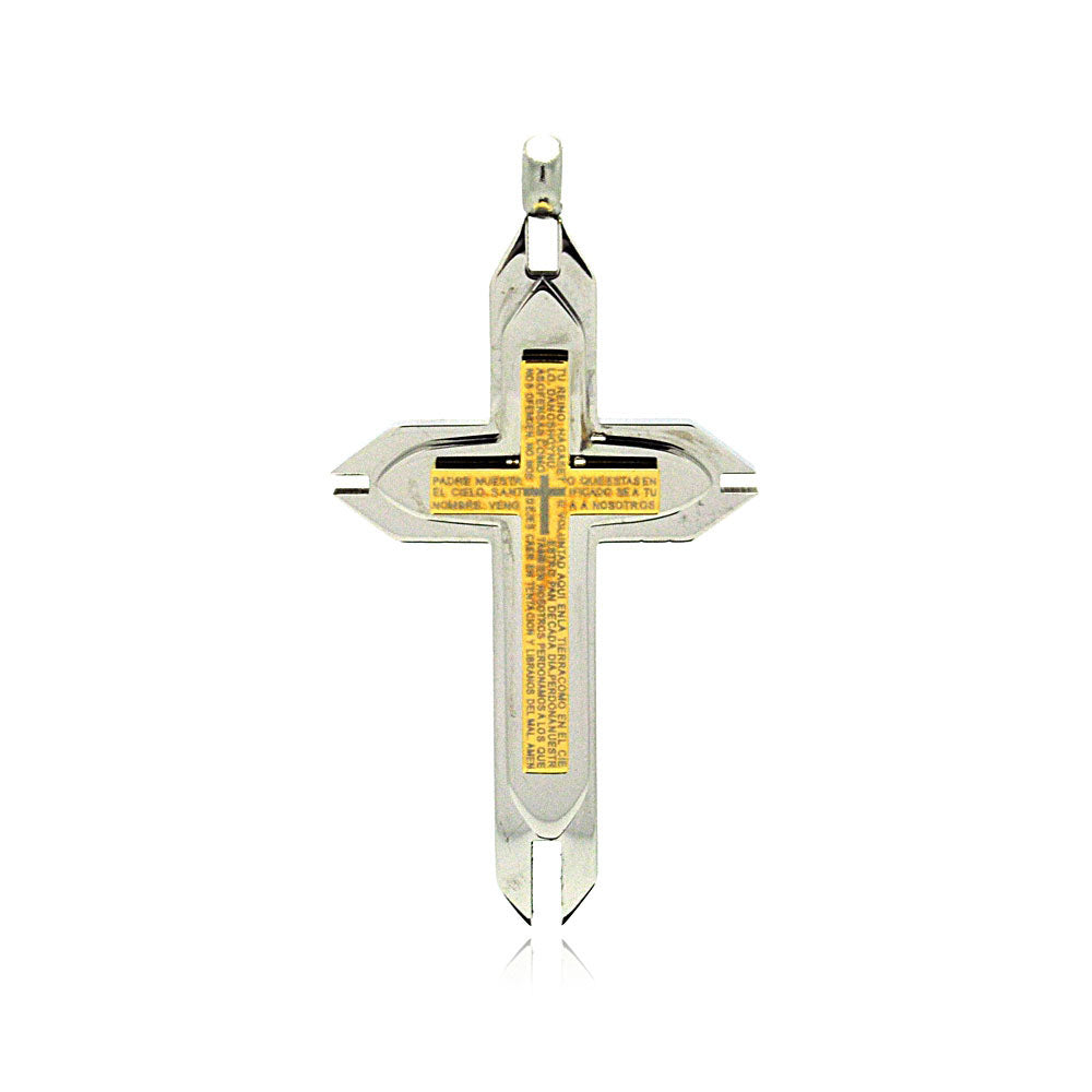 Gold & Rhodium Plated Stainless Layered Spanish Our Father Prayer Cross Pendant - SSP00216